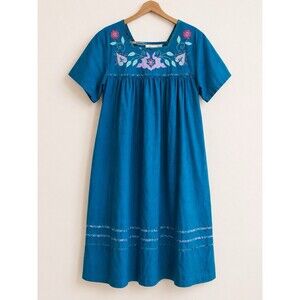 Fundamentals Women’s Large Teal Embroidered Floral Cotton Midi Dress Boho India